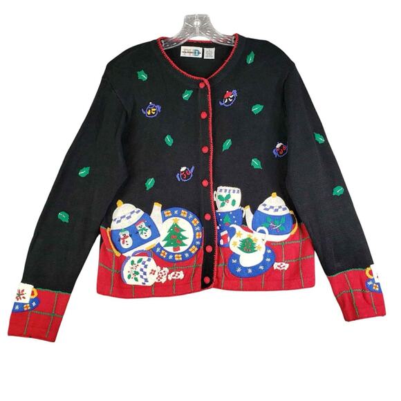 Vintage Paul Harris Cardigan Women's Medium Knit Christmas Black Sweater - Picture 2 of 11